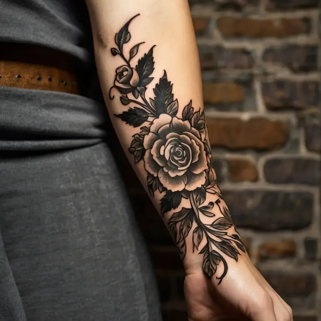 Black and gray rose tattoo with detailed shading on forearm, featuring blooming flowers and leaves.