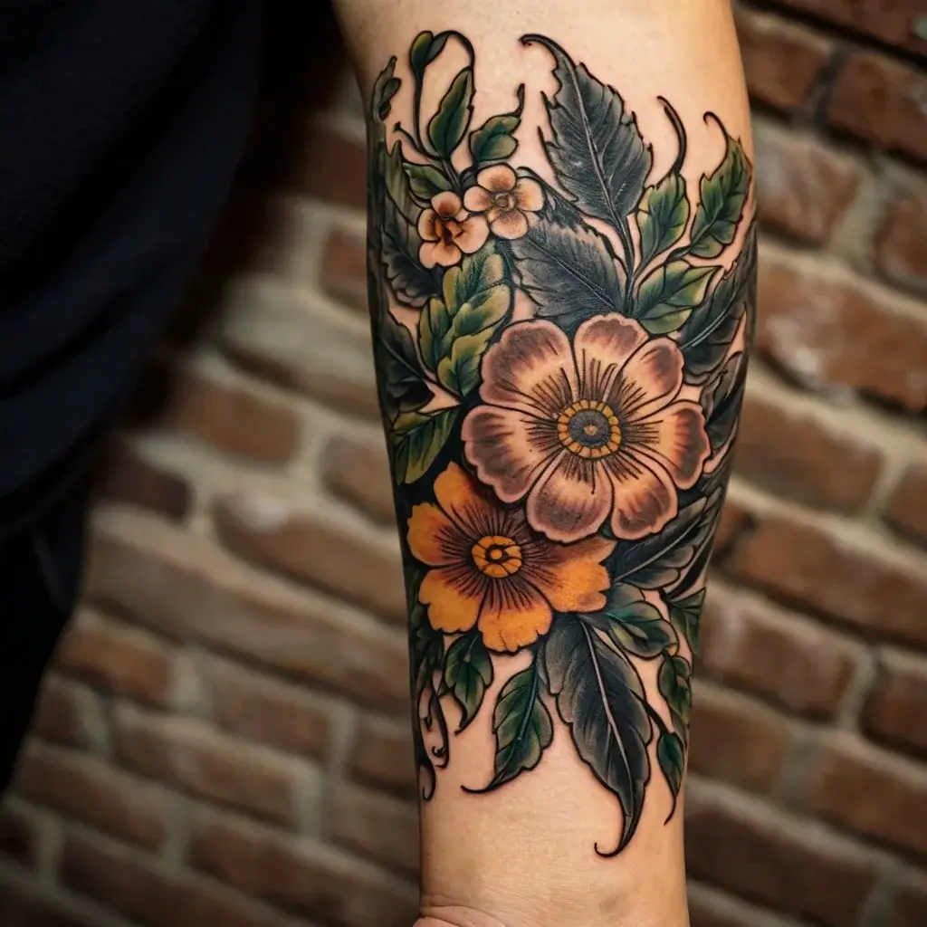 Vibrant forearm tattoo featuring orange and pink flowers with lush green leaves, blending traditional and modern styles.