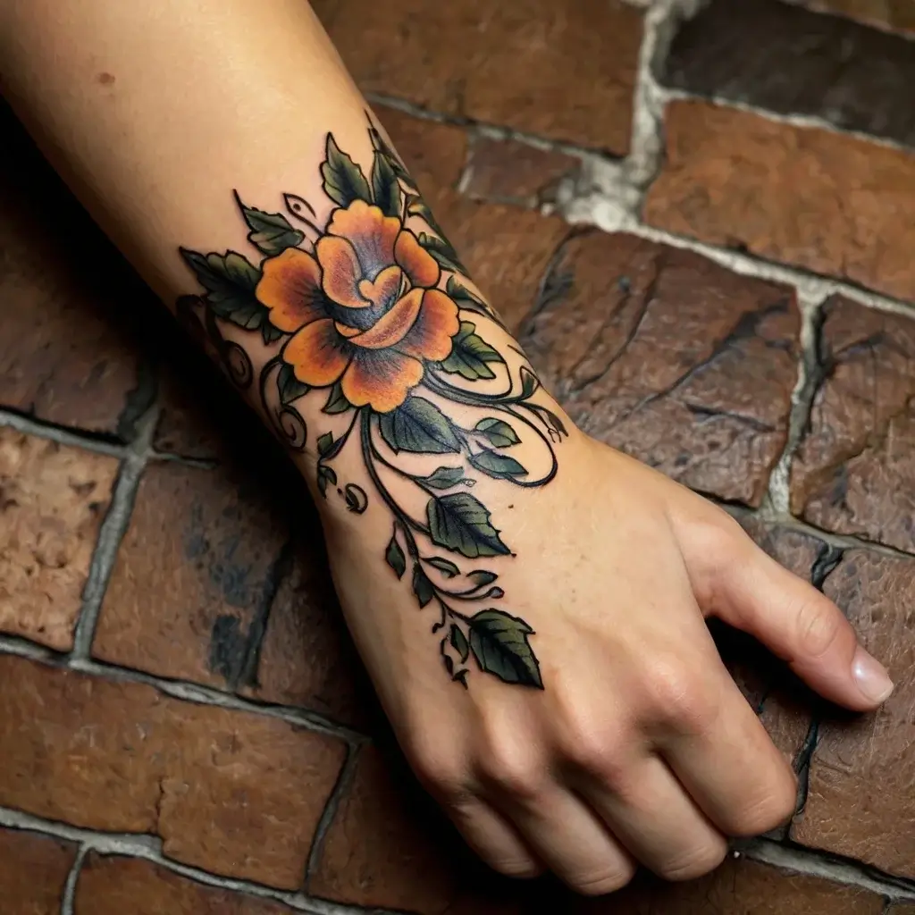 A vibrant orange rose tattoo with green leaves and swirling vines adorns the forearm, blending bold colors and intricate design.