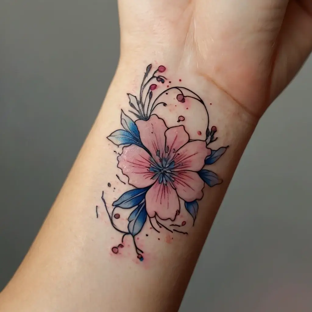 Delicate pink cherry blossom tattoo on wrist with blue leaves and accented dots, creating a soft, artistic floral design.