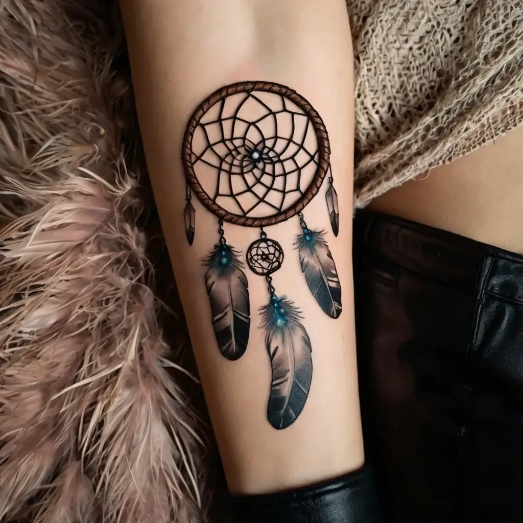 Dreamcatcher tattoo with detailed web, hanging feathers, and beads. Realistic shading gives a 3D effect on the arm.