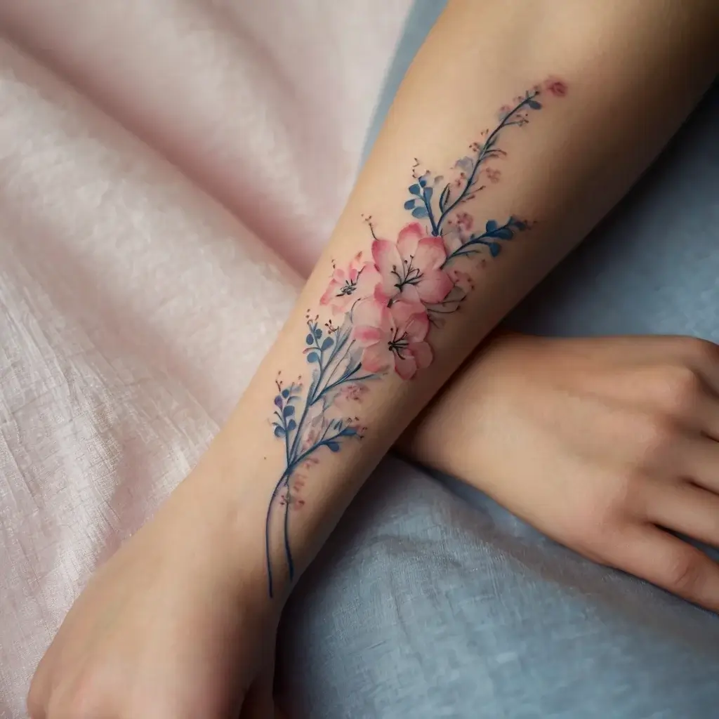 Delicate watercolor tattoo with pink and blue cherry blossoms and branches, flowing gracefully along the forearm.