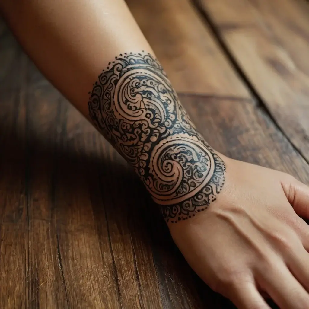 Intricate black ink mandala tattoo on forearm, featuring swirling floral patterns and delicate dot work accents.