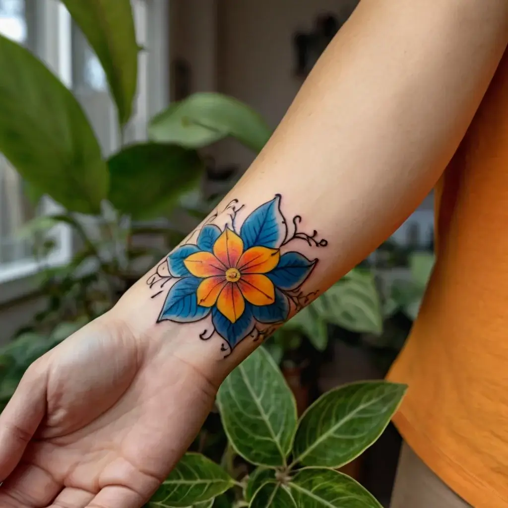 Vibrant tattoo of an orange and yellow flower with blue leaves, intricate black outlines, and delicate swirls on the forearm.