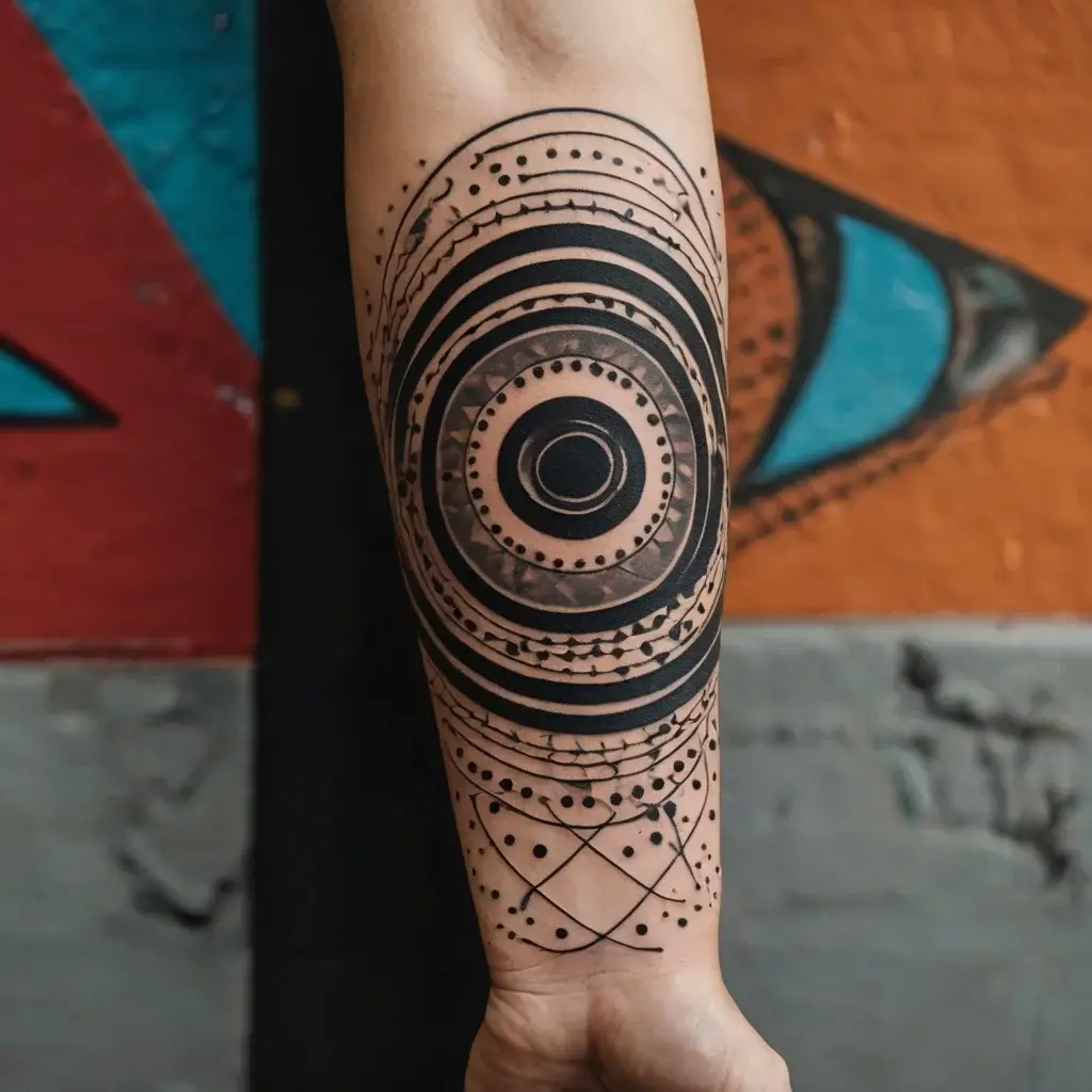 Abstract geometric forearm tattoo with concentric circles, dots, and lines creating a bold, intricate design.