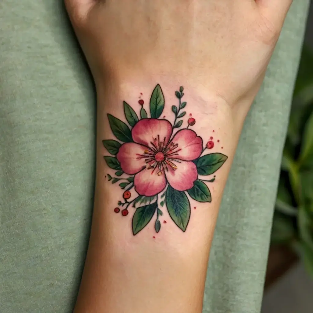 Realistic pink flower tattoo with lush green leaves, detailed shading, and red berries on the wrist, symbolizing growth.