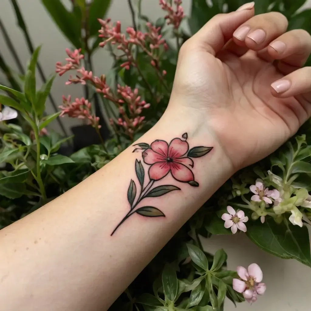 Tattoo of a pink flower with green leaves on a wrist, featuring delicate shading and black outline for a vibrant look.