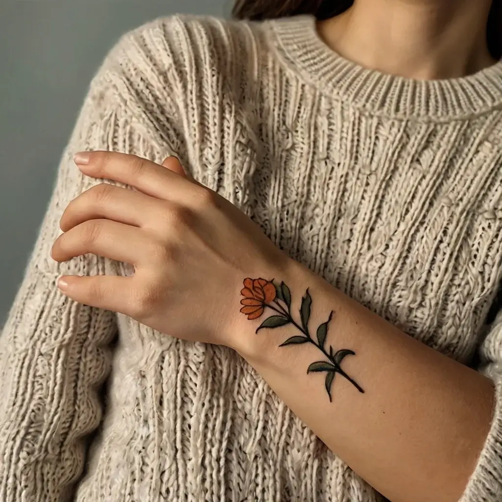 A delicate tattoo of an orange flower with green leaves on the forearm, showcasing minimalist and elegant floral design.