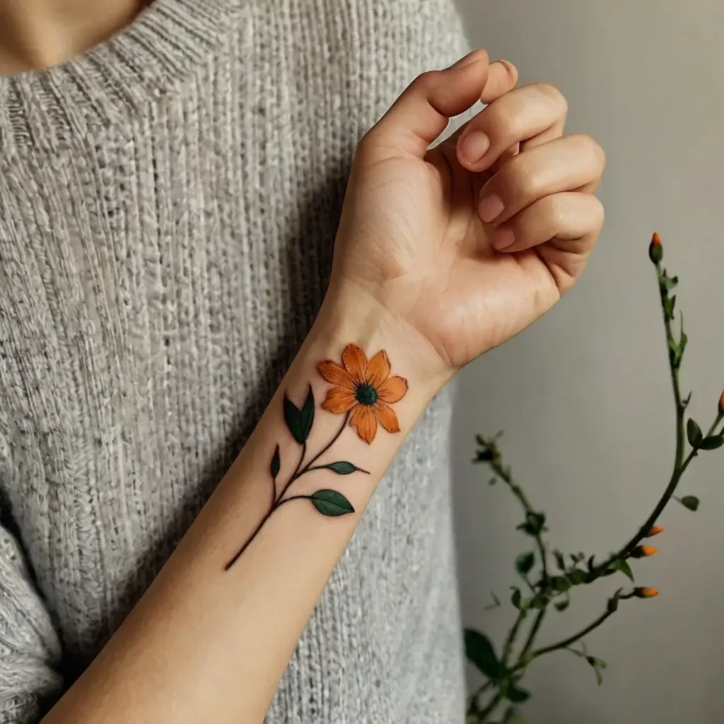 Tattoo of a vibrant orange flower with green leaves on the forearm, symbolizing growth and beauty against a soft background.