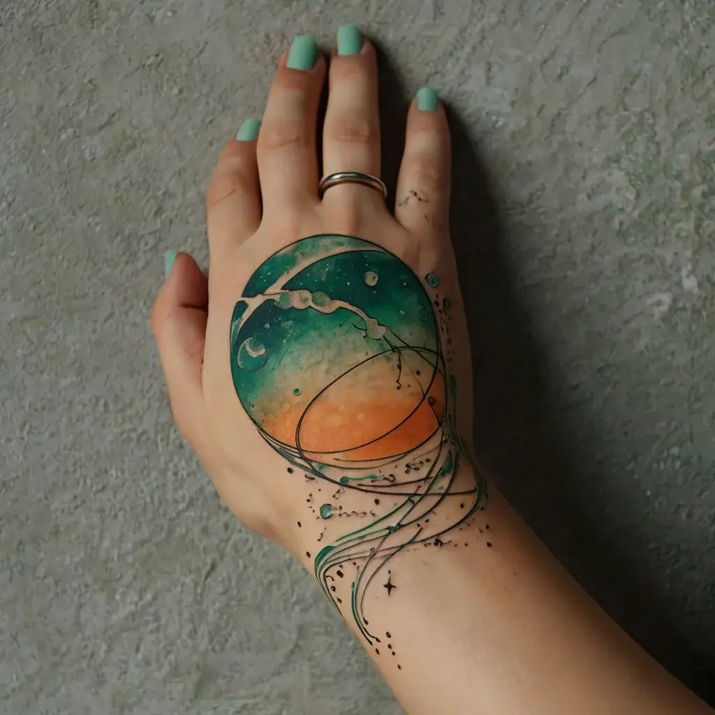 Hand tattoo of a vibrant watercolor planet with sweeping lines, blending teal and orange hues, accented by delicate dots.