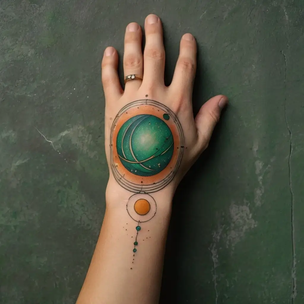 Tattoo of a cosmic design: a large green and orange planet with orbit lines on the hand, connected to smaller celestial spheres.