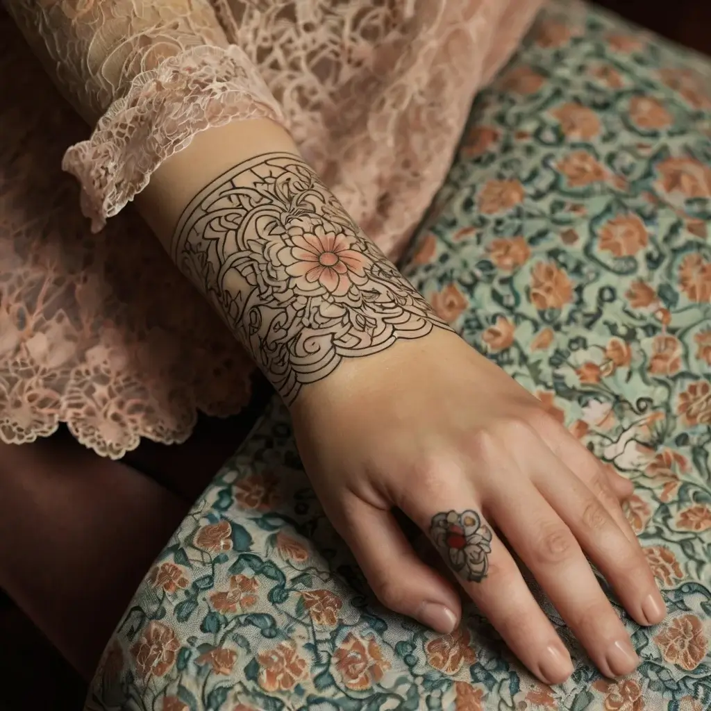 Intricate mandala tattoo with floral centerpiece on wrist, complemented by a smaller matching flower tattoo on the finger.