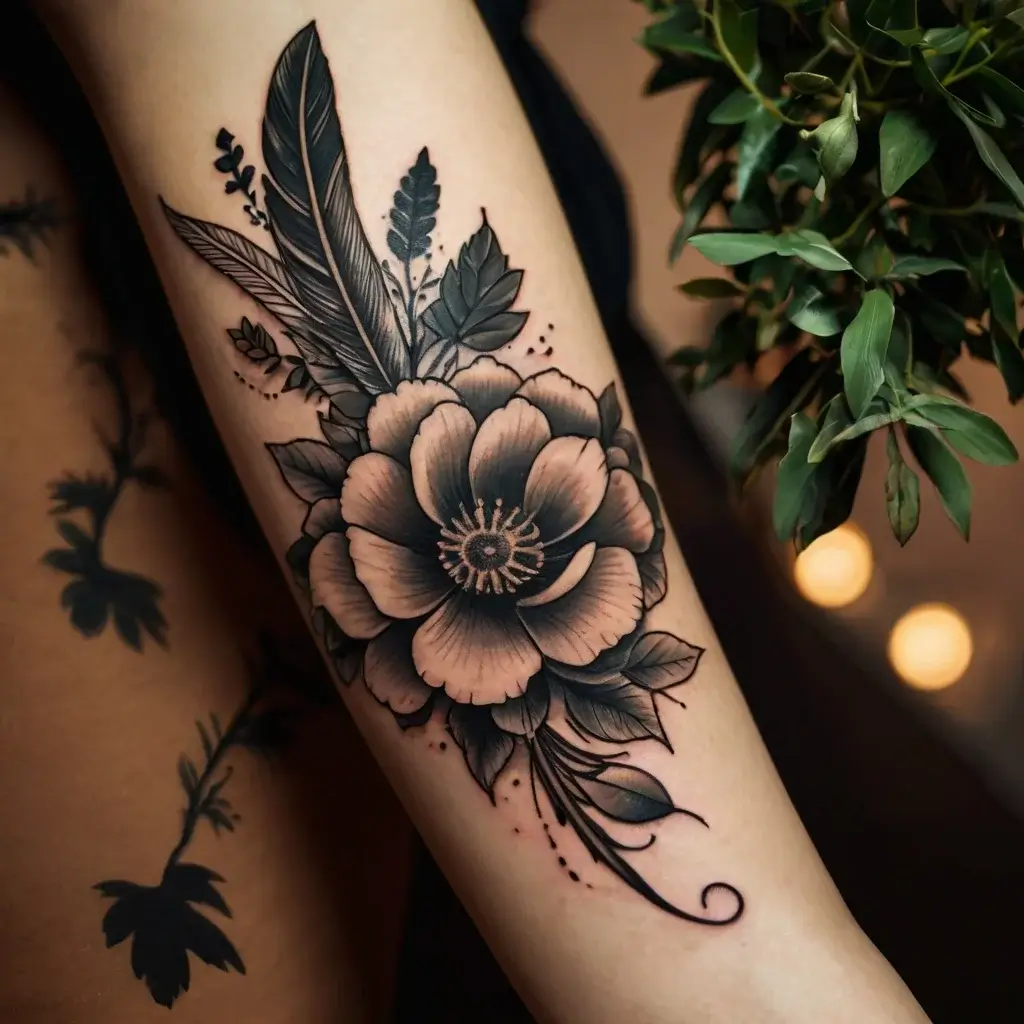 Black and gray tattoo of a large flower with detailed petals, feathers, and leaves on the forearm.