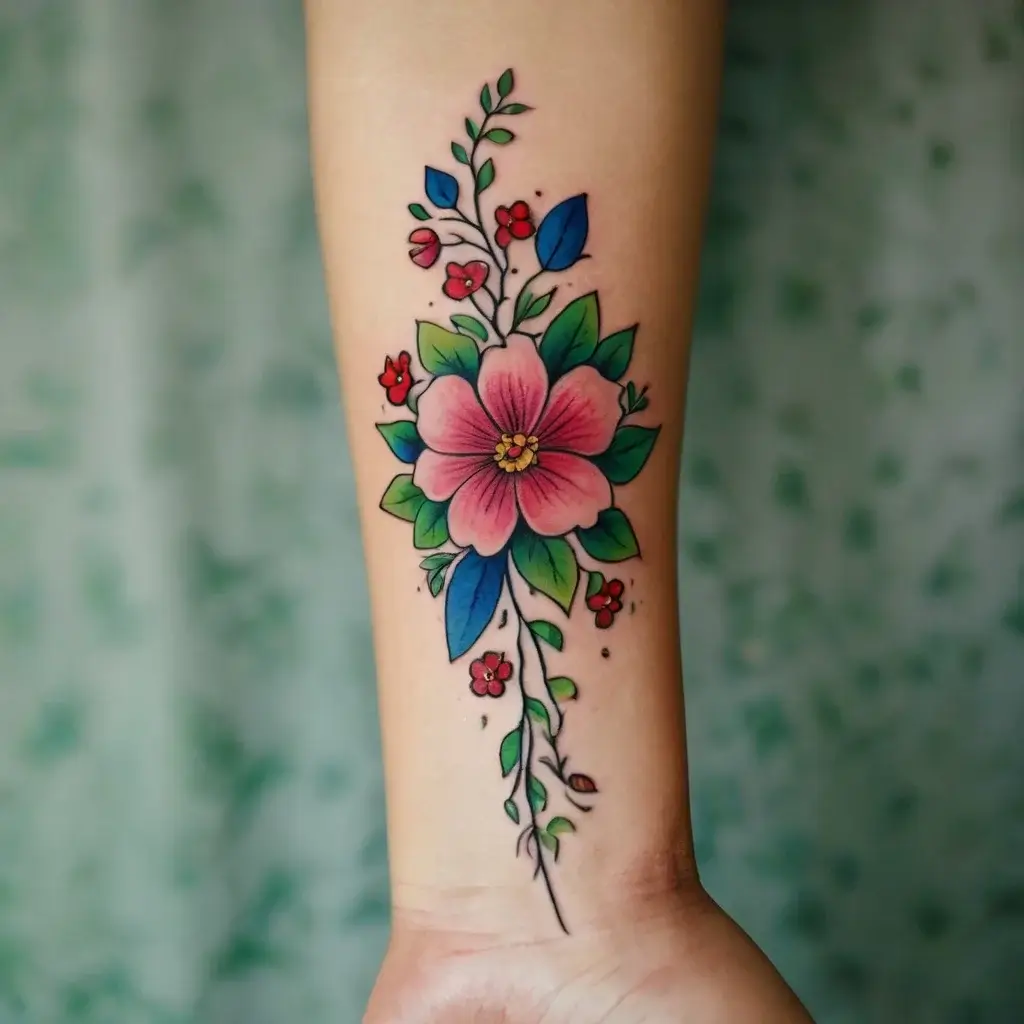 Colorful floral tattoo with a central pink flower, surrounded by green leaves and small red blossoms on a forearm.