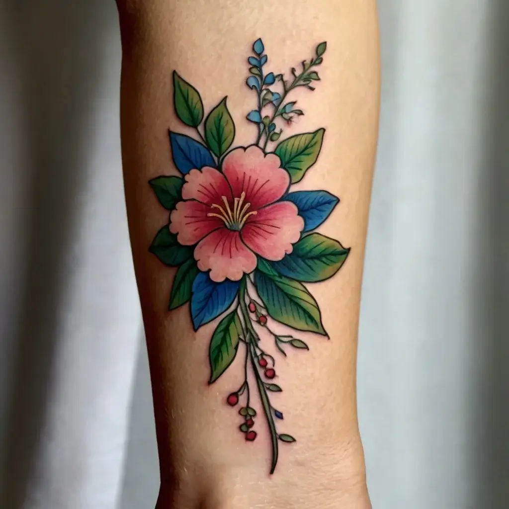 Vibrant hibiscus tattoo with pink petals, surrounded by lush green and blue leaves, accented with delicate berries.