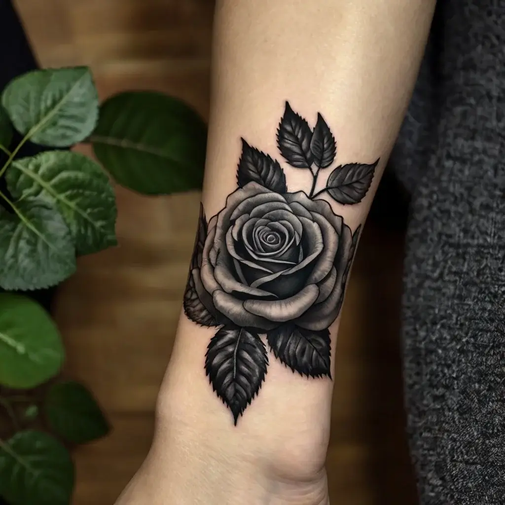 Realistic black and gray rose tattoo on forearm, detailed petals and sharp leaves, highlighting depth and shading.