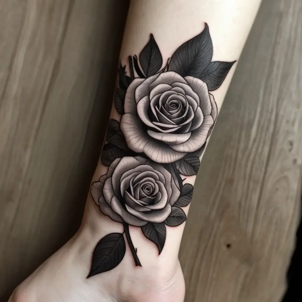 Black and gray tattoo of two intricately shaded roses with bold leaves, wrapped elegantly around the lower leg.