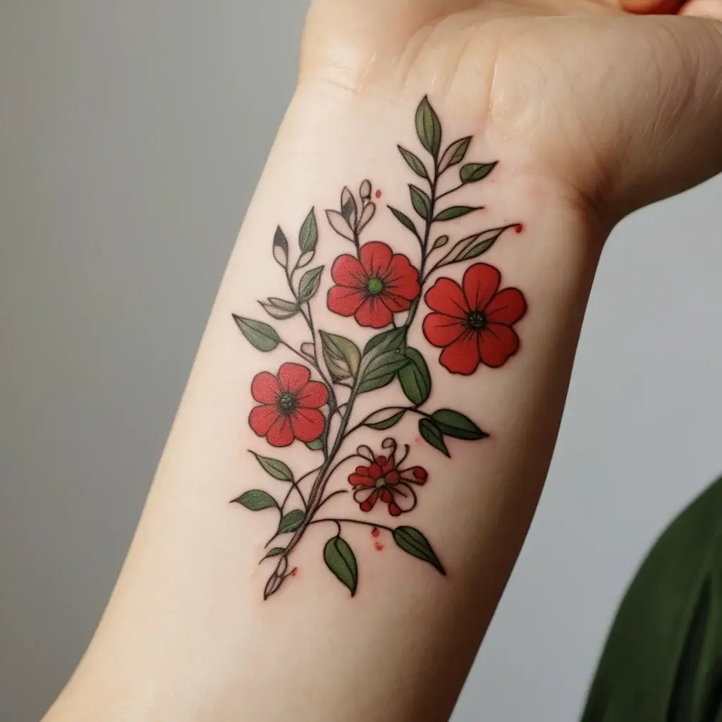 Tattoo of vibrant red flowers and green leaves on a wrist, featuring intricate linework and natural flow.