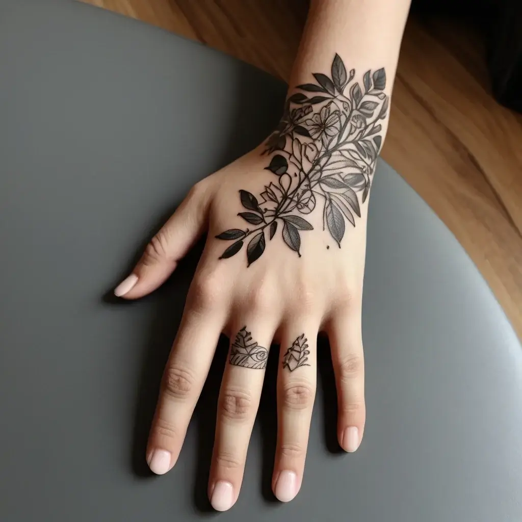 Intricate black floral tattoo extends from the wrist down the hand, complemented by a small geometric floral on the finger.