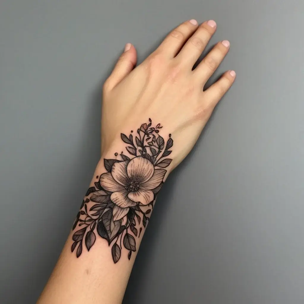 Floral tattoo on forearm with a large central flower, surrounded by detailed leaves and smaller buds in black ink.