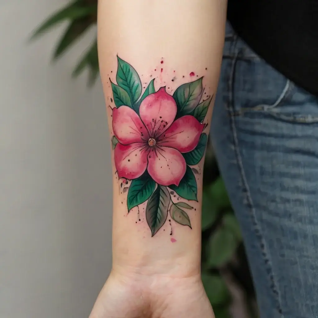 Colorful floral tattoo featuring a vibrant pink flower with green leaves, accented by splashes of red and black dots.