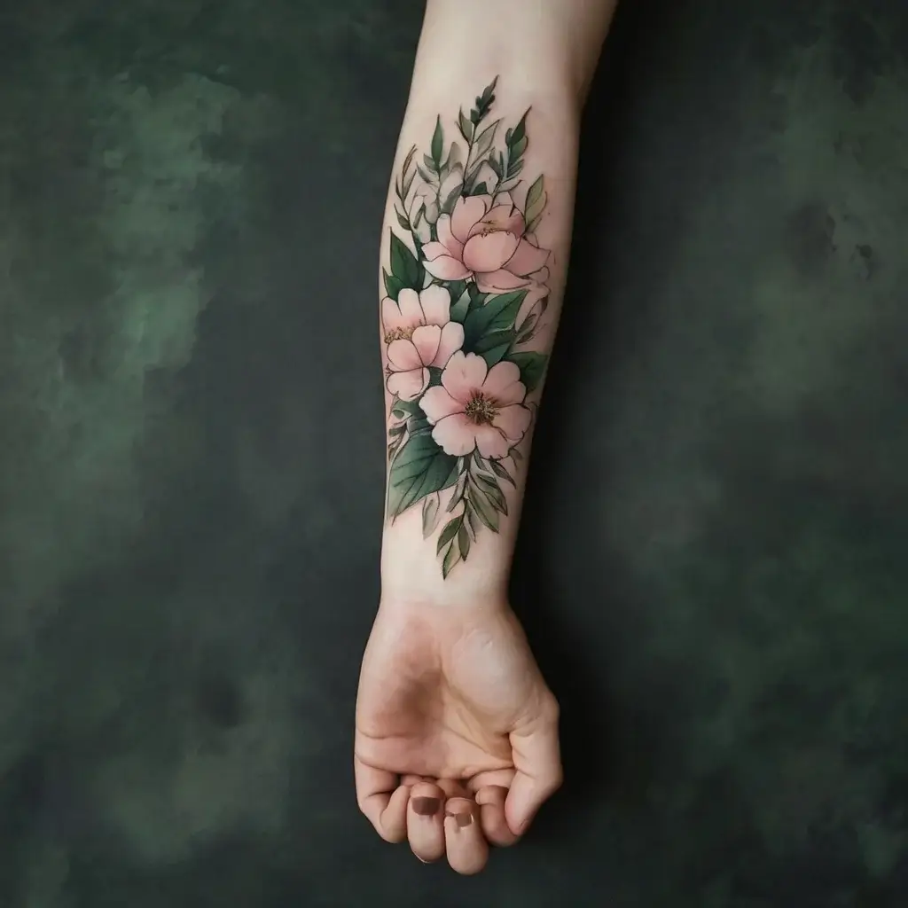 Forearm tattoo of pink blossoms with lush green leaves, showcasing intricate details and a harmonious color palette.