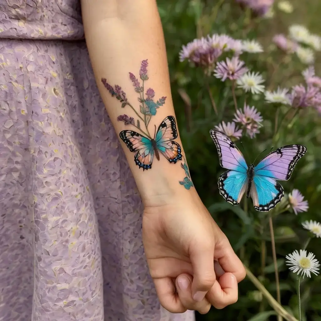 Tattoo of a vibrant blue butterfly with black accents, perched on lavender sprigs on a forearm.