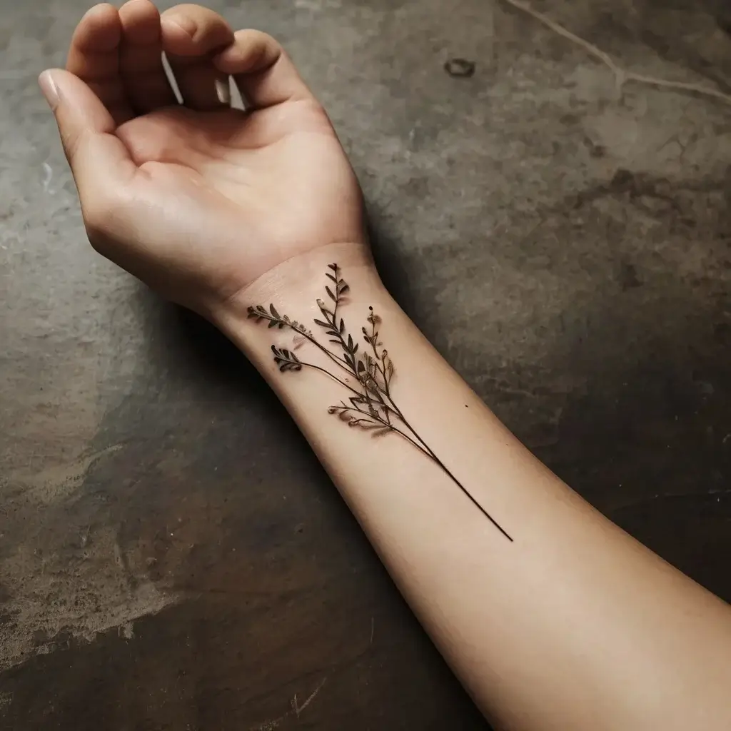 Delicate wrist tattoo featuring minimalist, fine line botanical stems with small leaves, evoking nature's elegance.