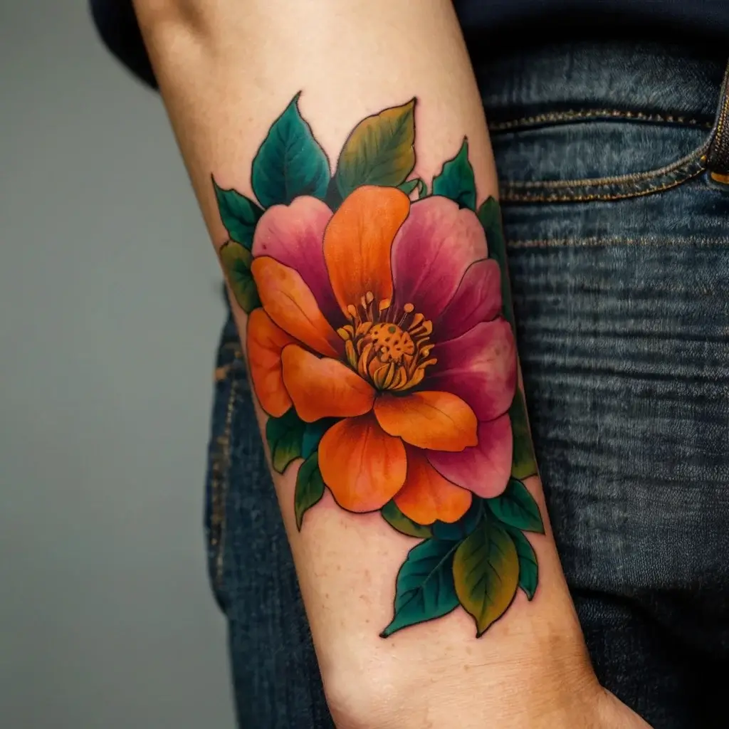 Colorful floral tattoo with a large orange and pink blossom, surrounded by vibrant green leaves on the forearm.