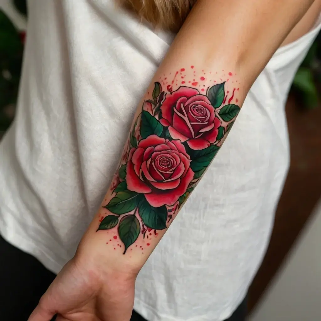 Realistic tattoo of two red roses with vivid green leaves and subtle red splatter effects on the forearm.