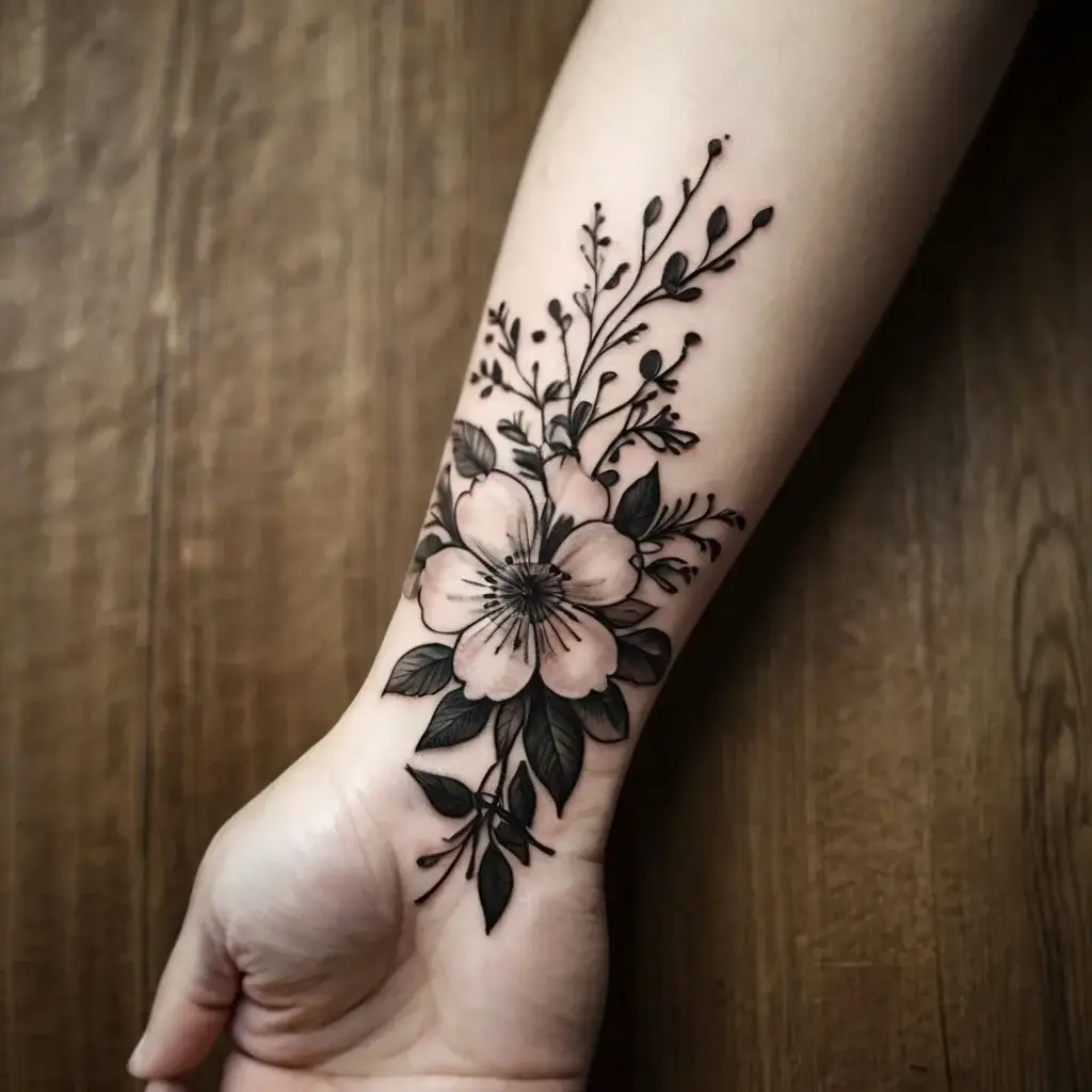 Intricate black floral tattoo on forearm featuring a large central flower with detailed leaves and delicate sprigs.