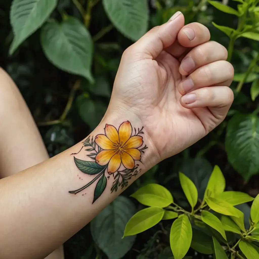 Yellow flower wrist tattoo with green leaves, intricate black outlines and delicate detailing on the petals.