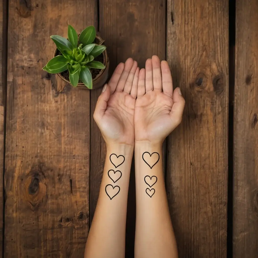 Minimalist heart tattoos on inner forearms in a descending pattern from wrist to mid-forearm, symbolizing love and growth.