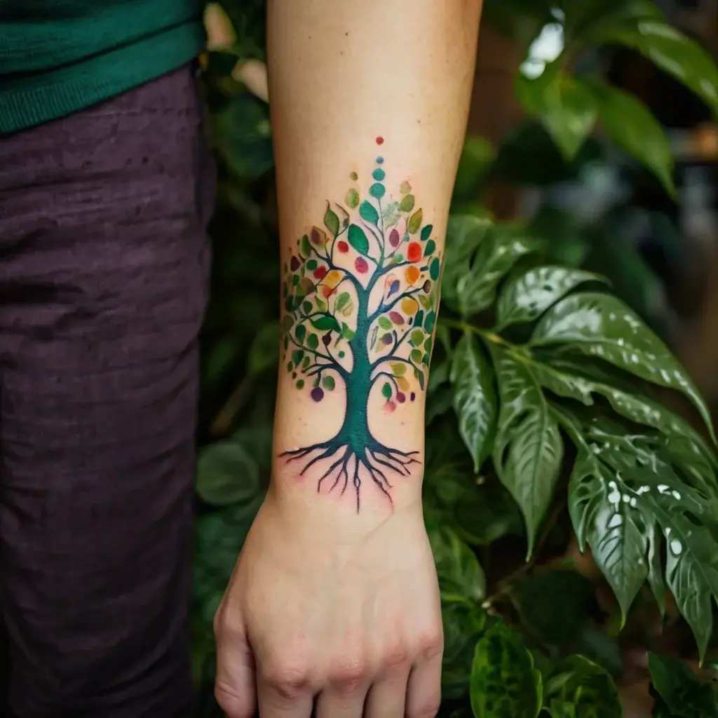 Colorful tree tattoo with vibrant leaves and visible roots, symbolizing growth and connection on forearm.