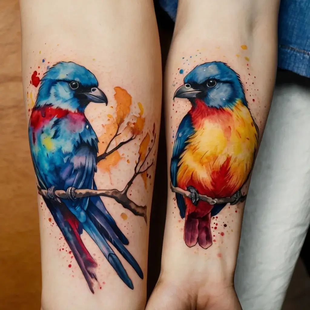 Vibrant watercolor tattoo of two birds perched on branches, featuring splashes of blue, red, yellow, and orange.