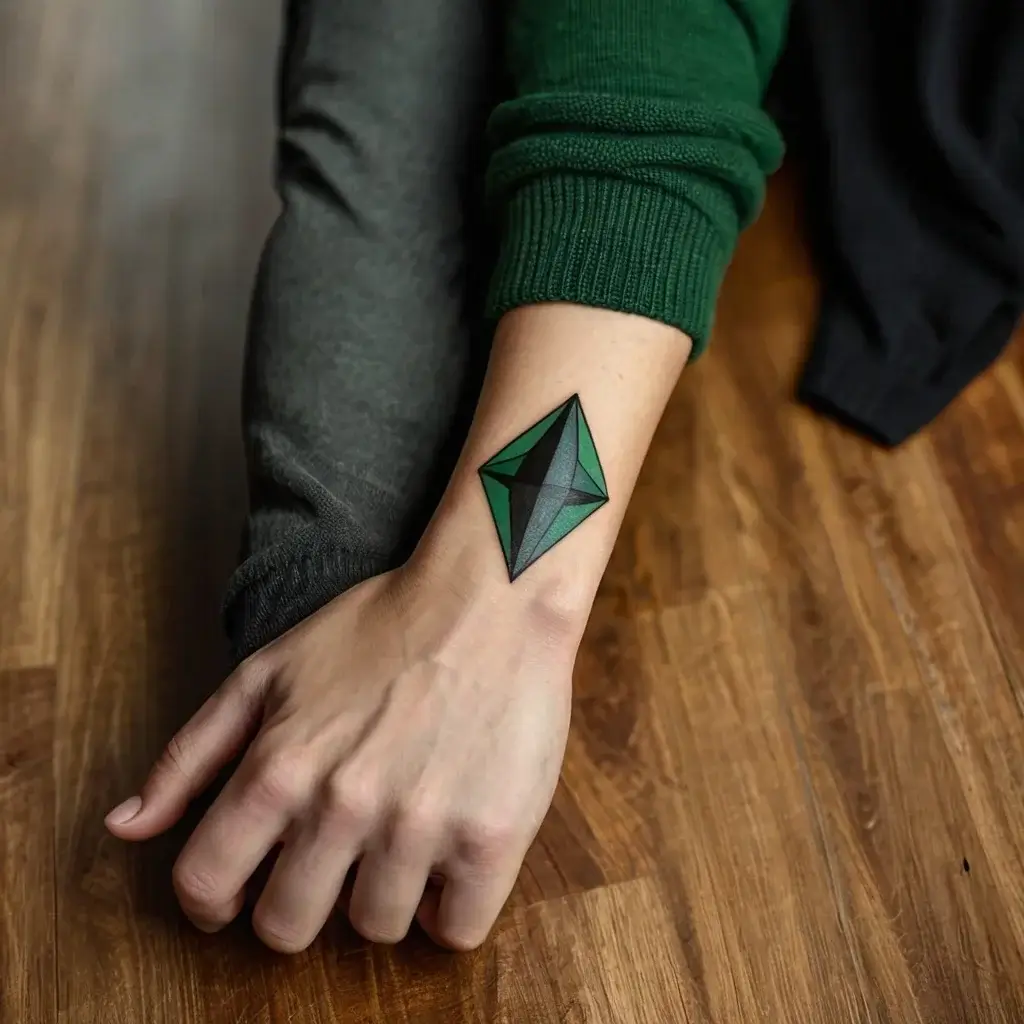 Geometric tattoo of a green and black 3D diamond shape on the wrist, blending symmetry and contrasting colors.