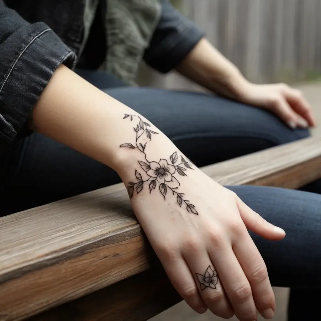 Delicate floral tattoo on the hand and wrist, featuring a detailed blossom with trailing leaves and a small flower on the finger.