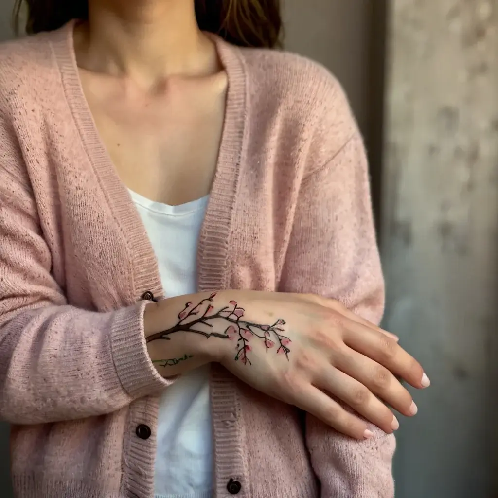 Tattoo of a delicate cherry blossom branch on the wrist and hand, symbolizing beauty and the transient nature of life.