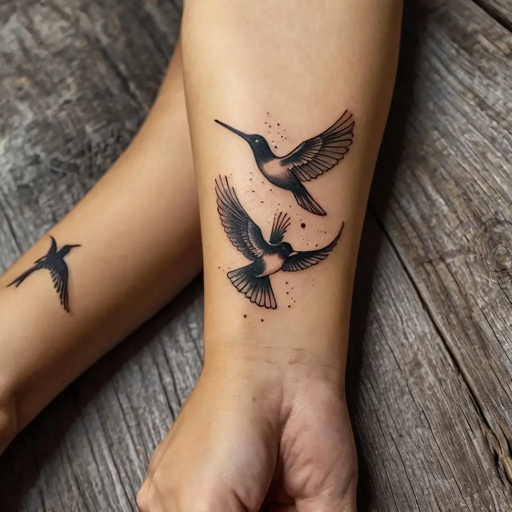 Two detailed hummingbirds in flight, surrounded by small dots, symbolizing freedom and elegance on the inner forearm.