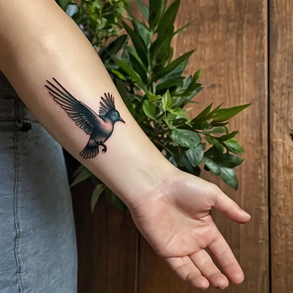 Tattoo of a black and teal stylized bird in flight on the forearm, symbolizing freedom and grace.