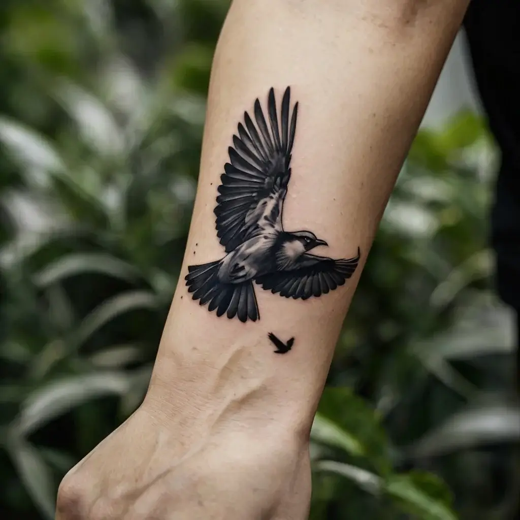 Black-and-gray tattoo of a detailed bird in mid-flight on an arm, capturing elegance and freedom against greenery.