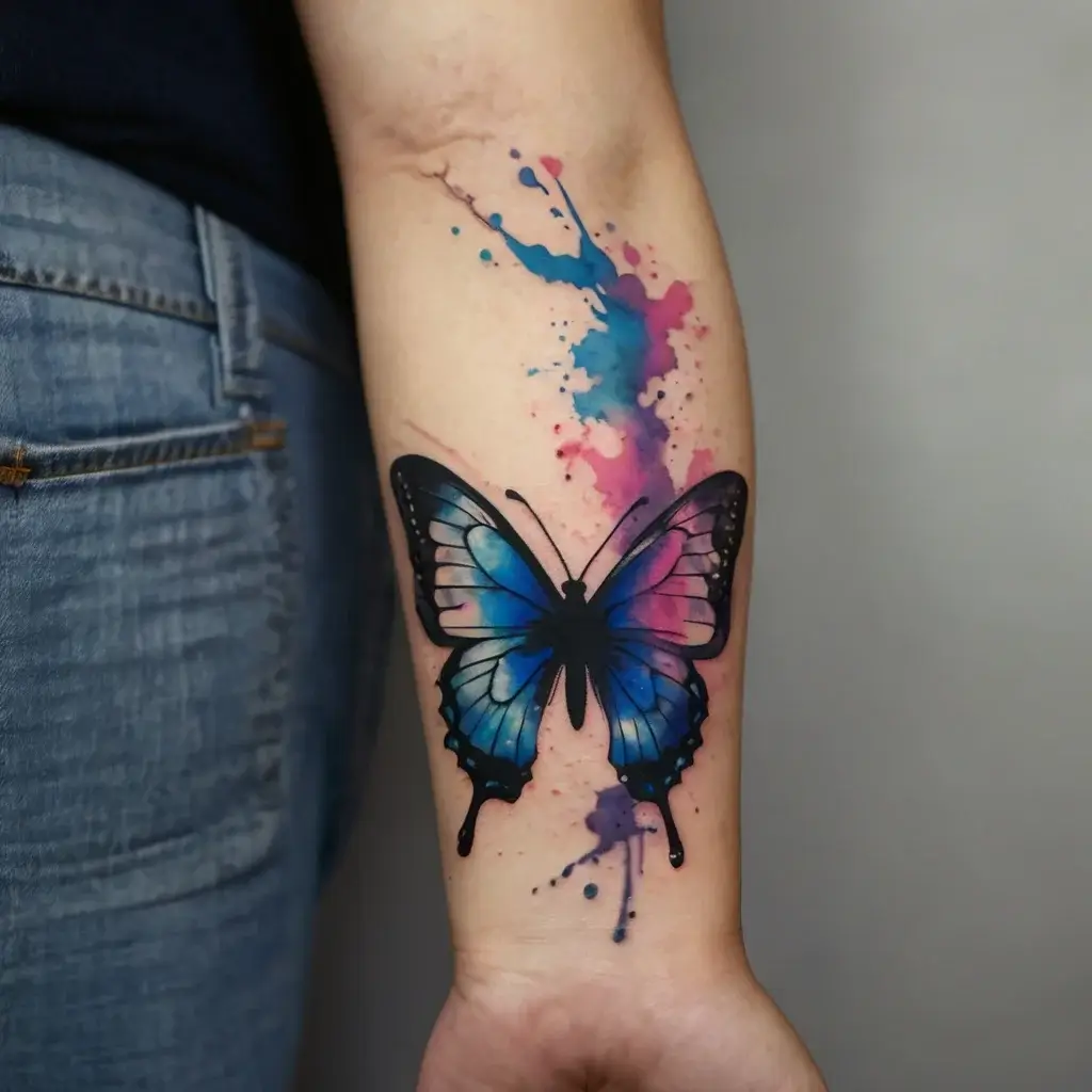 Forearm tattoo of a vivid blue and purple butterfly with watercolor splashes, blending artistry and motion.