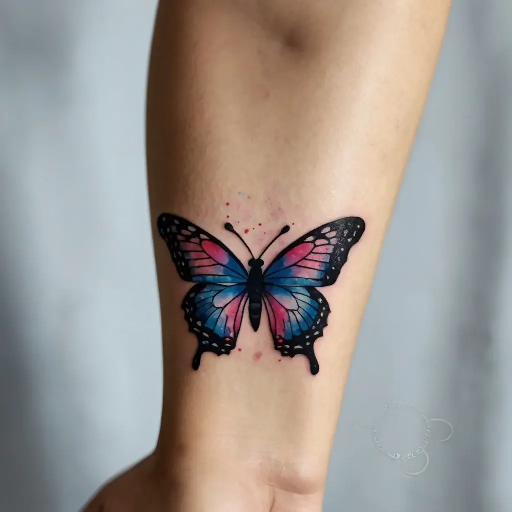 Vibrant butterfly tattoo in blue and pink hues, realistic design with delicate wings, symbolizing transformation and freedom.