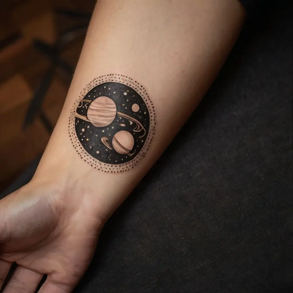 Circular tattoo featuring planets, moons, and stars in a cosmic setting, surrounded by a dotted decorative border.