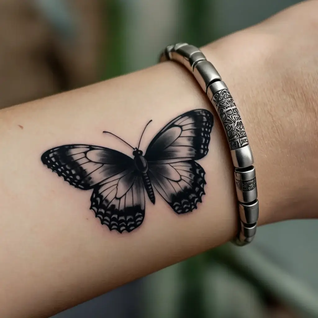 Black and gray butterfly tattoo with intricate shading on the forearm, near a silver bracelet.