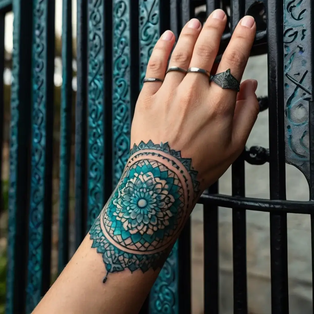 Ornate turquoise mandala tattoo on wrist, featuring intricate floral patterns and geometric borders, creating a vibrant design.