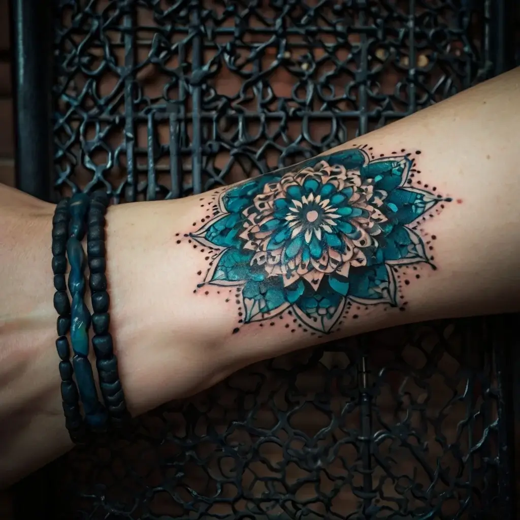 Ornate blue and black mandala tattoo, featuring intricate petals and dot work, on inner wrist, symbolizing balance.