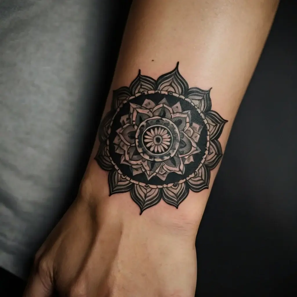 Intricate black mandala tattoo on wrist, featuring layered geometric floral patterns, symbolizing balance and eternity.