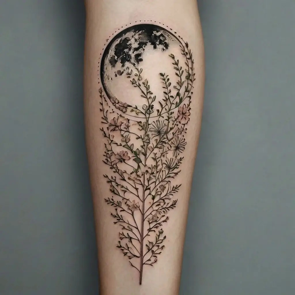 Tattoo of a crescent moon with delicate floral branches extending downward, in black and subtle earthy tones.