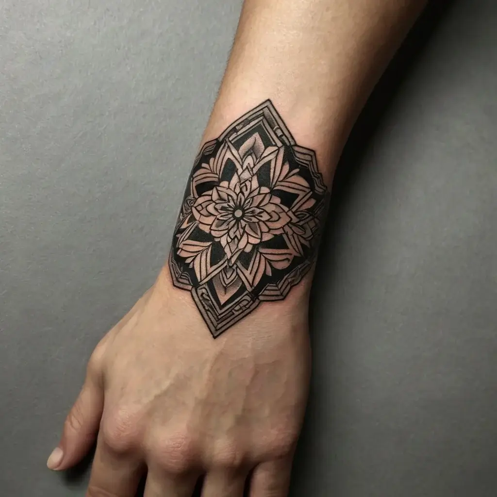 Geometric mandala wrist tattoo with intricate floral details, deep black outlines, and symmetrical patterns.